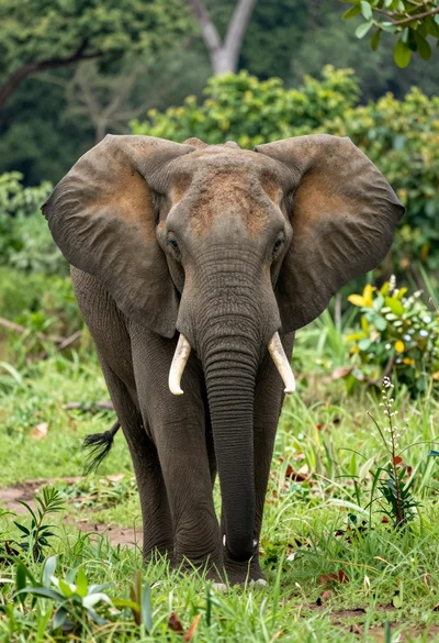 Majestic african elephant walking through lush green jungle foliage in medium shot