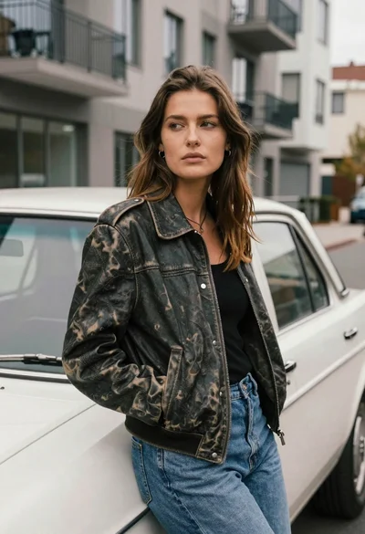 Young woman in dark leather jacket leaning against vintage white car on