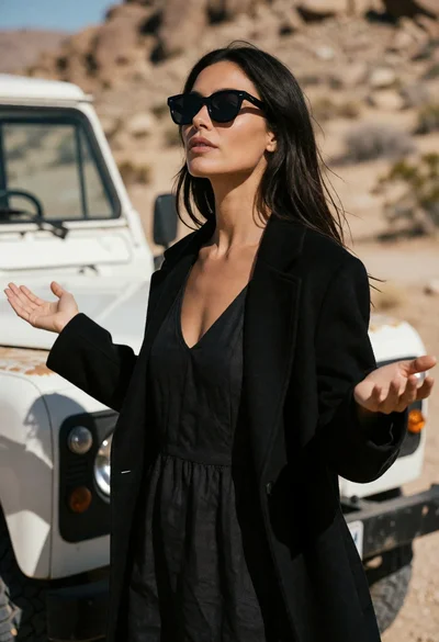 Woman standing in desert landscape with outstretched arms near vintage offroad vehicle