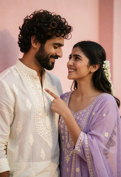 Playful couple in traditional indian attire against a soft pink wall