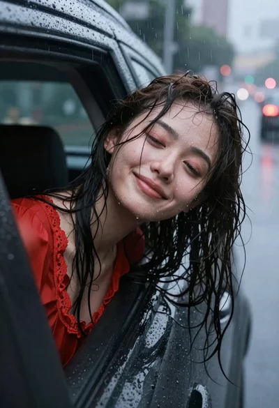Young woman with wet dark hair smiling inside car during rainy night