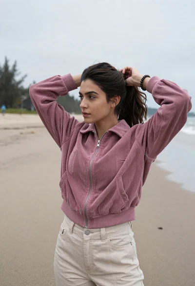 Young woman adjusting ponytail on wide sandy beach under overcast sky