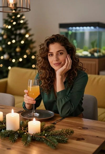 Woman with brown hair smiling at table with orange drink indoors