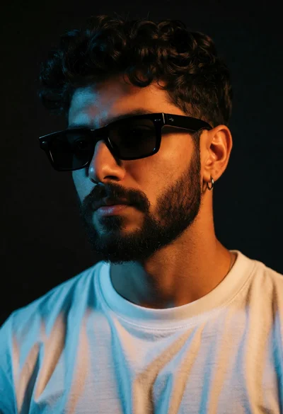 Medium close up portrait of man with dark hair wearing sunglasses