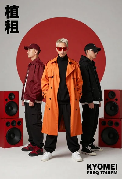 Three young people in orange coat against red circle studio backdrop