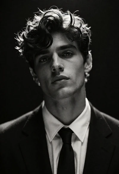 High contrast black and white portrait of young man in dark suit