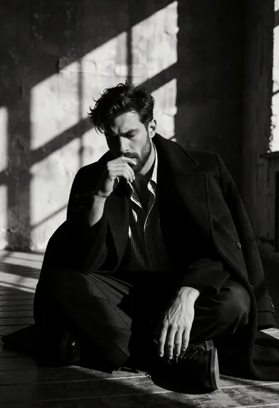 Man sitting cross legged in dimly lit room with dramatic window shadows