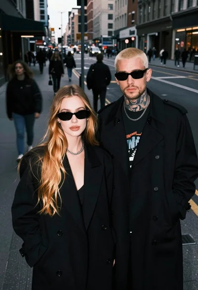 High angle shot of young caucasian couple in black coats on busy