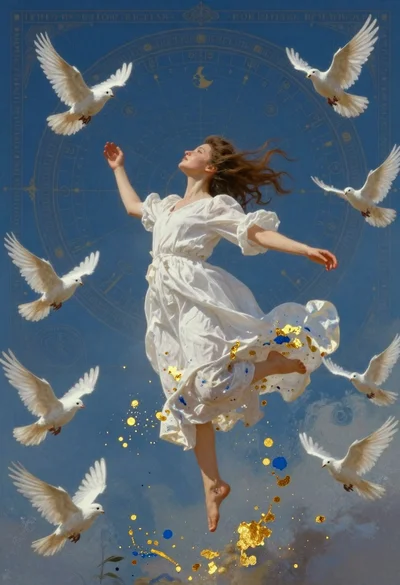Young woman leaping among doves against celestial background