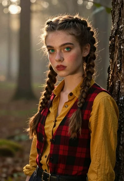 Young woman with braided hair in misty woodland setting