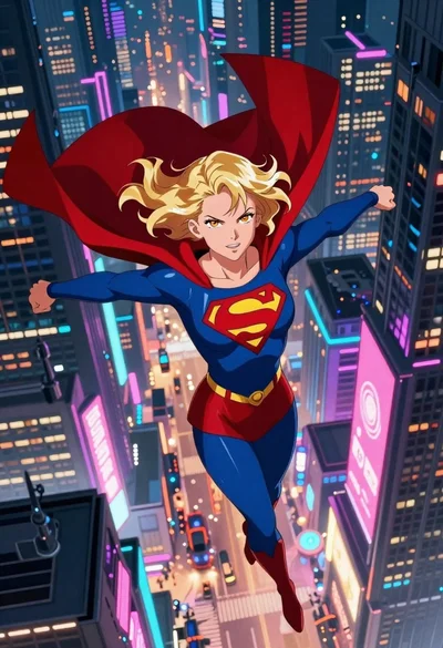 Anime supergirl soaring through a neon cyberpunk city