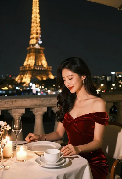 Woman in red velvet dress at dinner table near eiffel tower