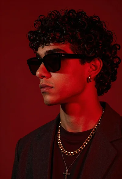 Moody portrait of young man with curly dark hair against deep red