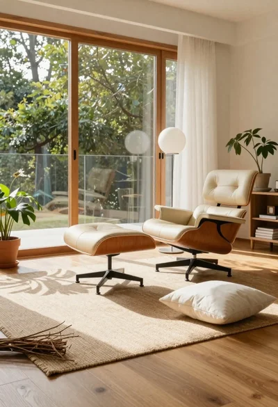 Sunlit living room interior with eames lounge chair