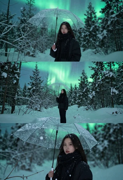 Woman in black puffer jacket holding umbrella under green aurora borealis