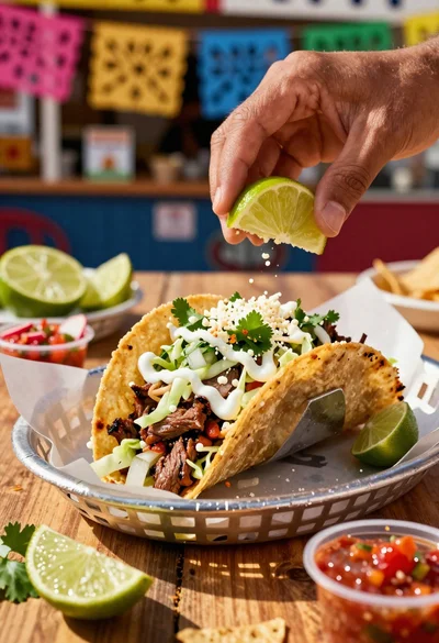 Close up of loaded street tacos with fresh mexican flavors