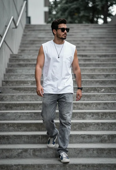 Man walking down concrete stairs in urban setting with white tshirt