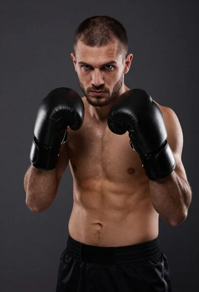 Studio portrait of a muscular boxer in fighting stance