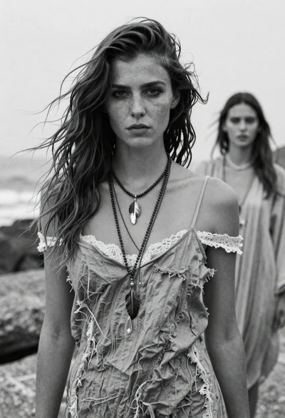 Monochrome portrait of woman in slip dress on rocky terrain