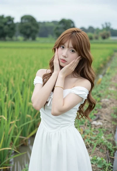 Young woman in white dress posing in lush green rice paddy field