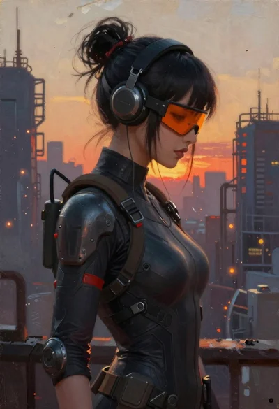 Oil painting portrait of cyberpunk woman in industrial city