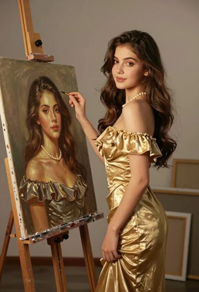 Young woman in gold dress beside her portrait painting in art studio