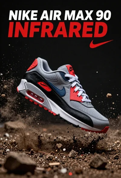 Nike air max 90 sneaker suspended in midair amidst dirt explosion