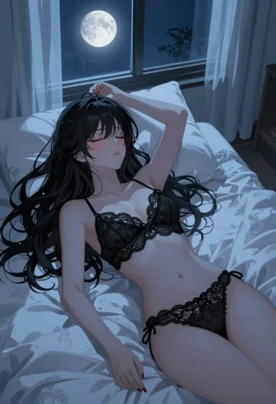 Anime woman sleeping in a dimly lit bedroom