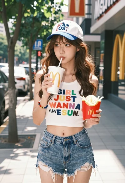Young woman with brown hair sipping drink on sunny city sidewalk