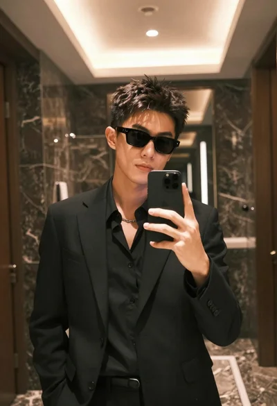 Young man in black suit takes mirror selfie in modern bathroom
