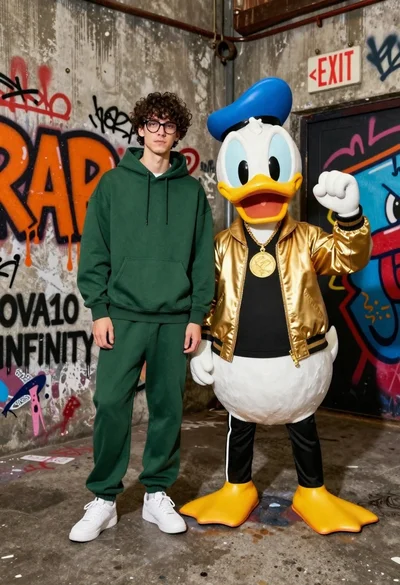 Young man in hoodie next to donald duck mascot in graffiti alleyway