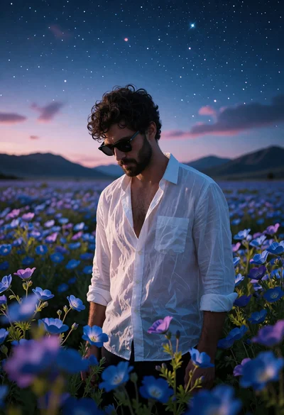 Man standing alone in vast blue wildflower field under starry night sky