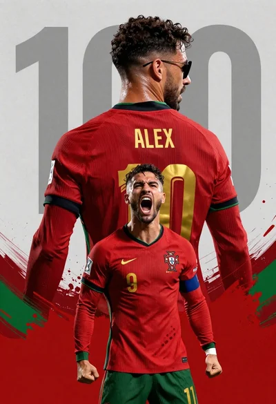 Male football player in red jersey standing behind smaller celebrating version of
