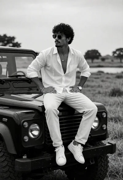 Man sitting on black suv hood in rural landscape under overcast sky
