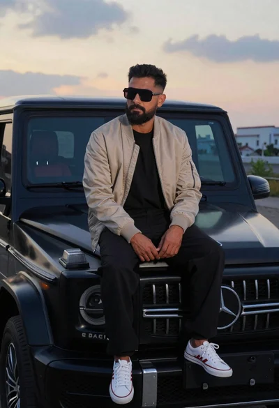 Man sitting on black gwagon at dusk