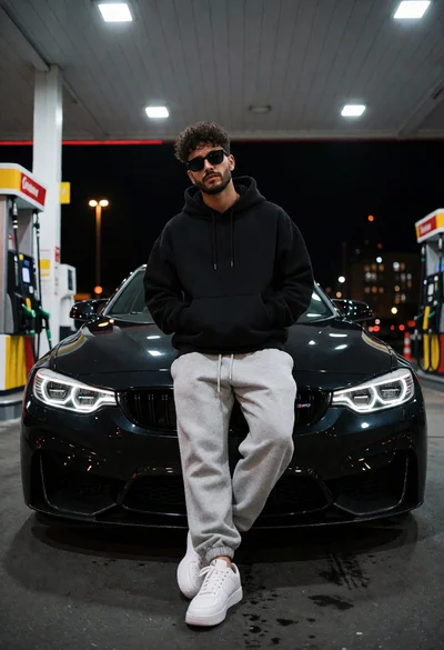Man leaning against black bmw m4 at a gas station at night
