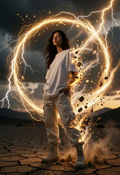 Woman in white tshirt amidst cracked desert lightning energy vortex