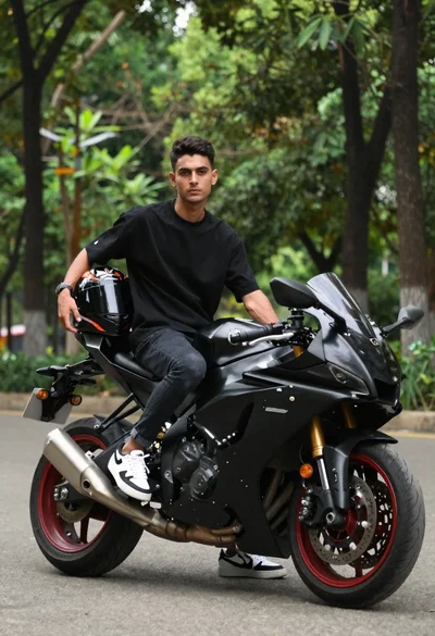 Man sitting on a sportbike in a lush green park
