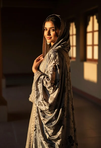 Woman in traditional attire looking back indoors with golden sunlight glow