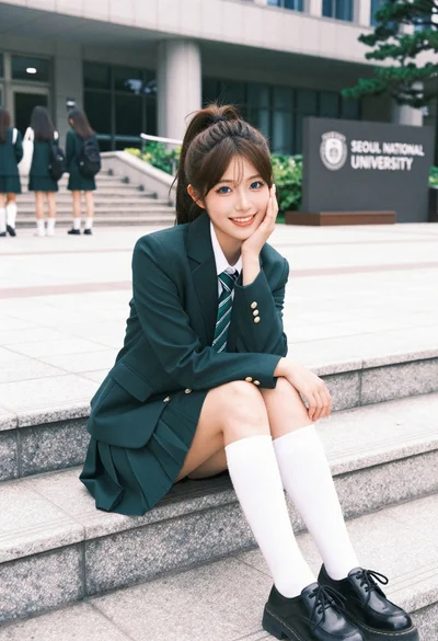 Young woman in green school uniform sitting on stone steps outside university