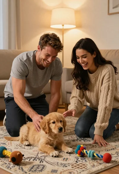 Young couple playing with golden retriever puppy in cozy living room