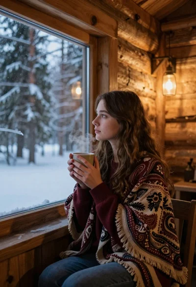 Young woman in maroon sweater by cabin window overlooking snowy forest