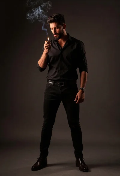 Stylish man holding lighter in dark studio portrait