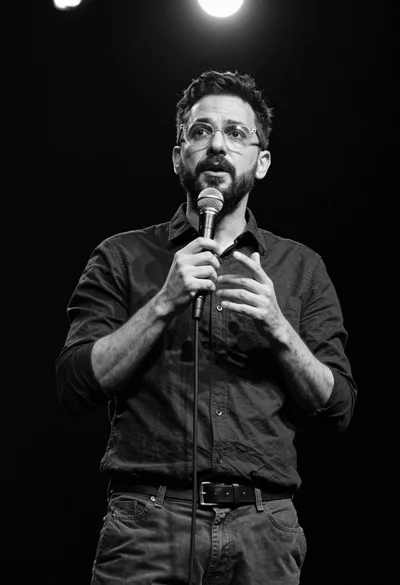 Man speaking into microphone on dark stage under spotlight dramatic lighting