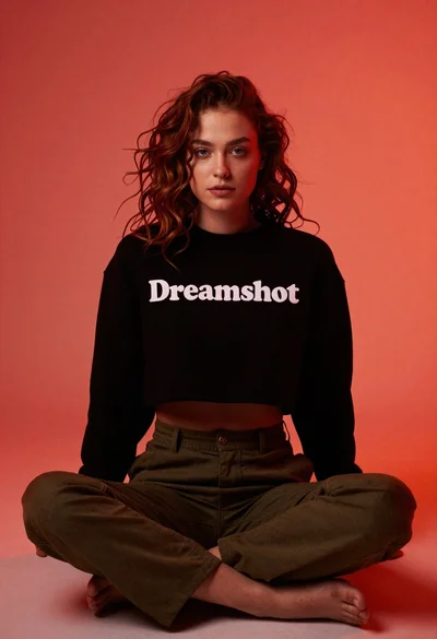 Young woman sitting on floor with red gradient background
