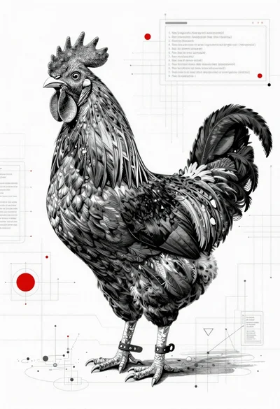 Black and white rooster on blueprint background