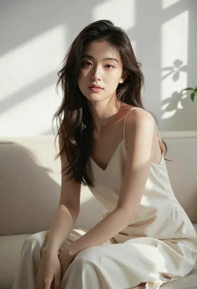 Woman in cream slip dress sitting on sofa in sunlit room