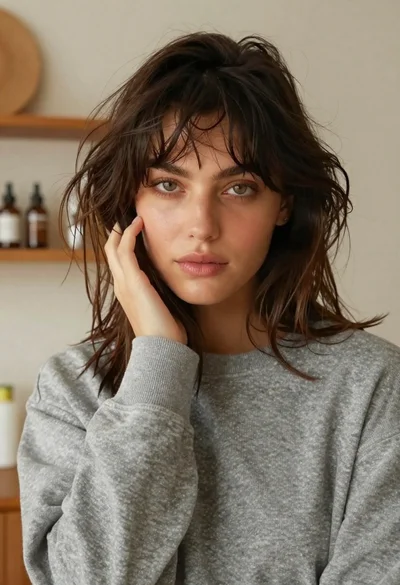 Closeup portrait of young woman in grey sweatshirt indoors