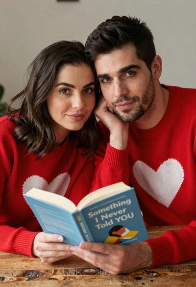 Couple in red sweaters reading a book together at a table