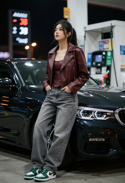 Young woman leaning against black bmw sedan at a gas station at